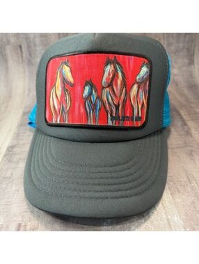 Art By Nicolette G Maw Trucker Hat Gray Blue Cobra Mesh Back Snapback Cap Horse